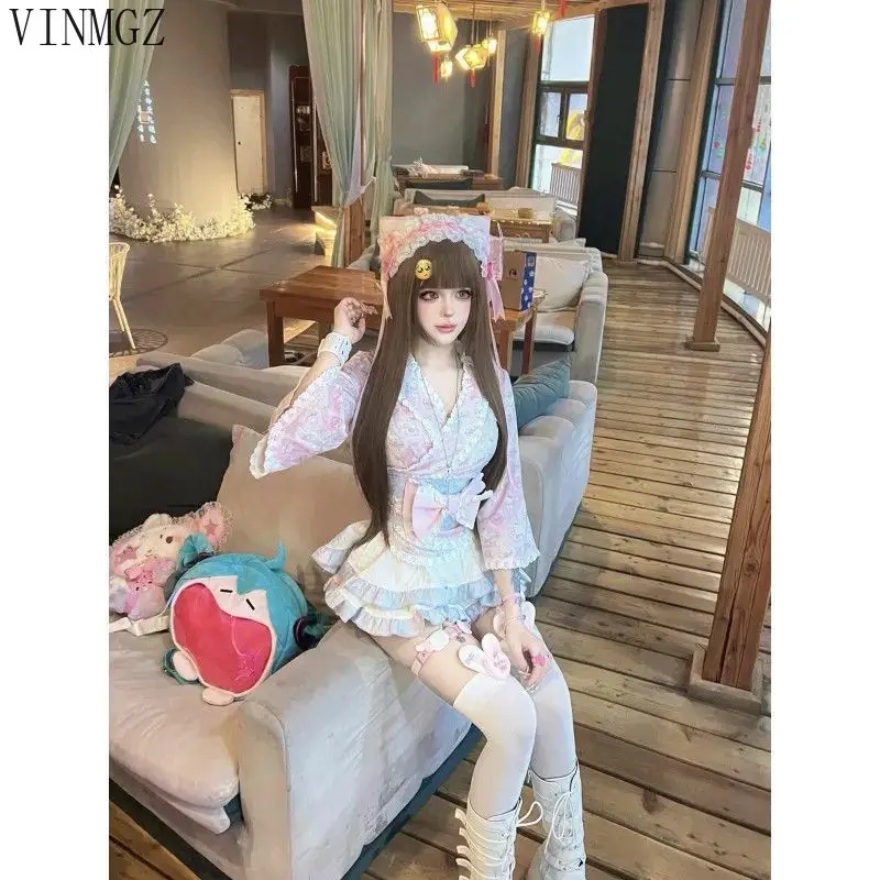 Japanese super fairy cute girl puffy  style popular skirt floral ins bow waist seal maid forest series  Slight Strech