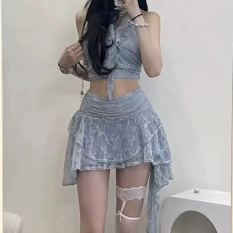 Sweet sexy girl sexy dress set women's summer lotus leaf edge off-shoulder top irregular short skirt two-piece set holiday swim