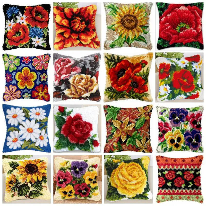 

Plant Series 3D Segment Embroidery Pillow Flowers Grass Coarse Wool Cross Stitch Latch Hook Pillow DIY Embroidery Latch Hook Kit