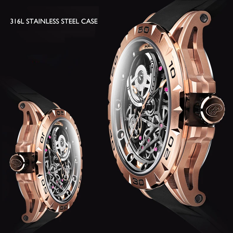 HANBORO Men Automatic Watch 45MM Luxury Watches Self Wind Mechanical Wristwatch Sport Skeleton Dial Waterproof Luminous 6T15