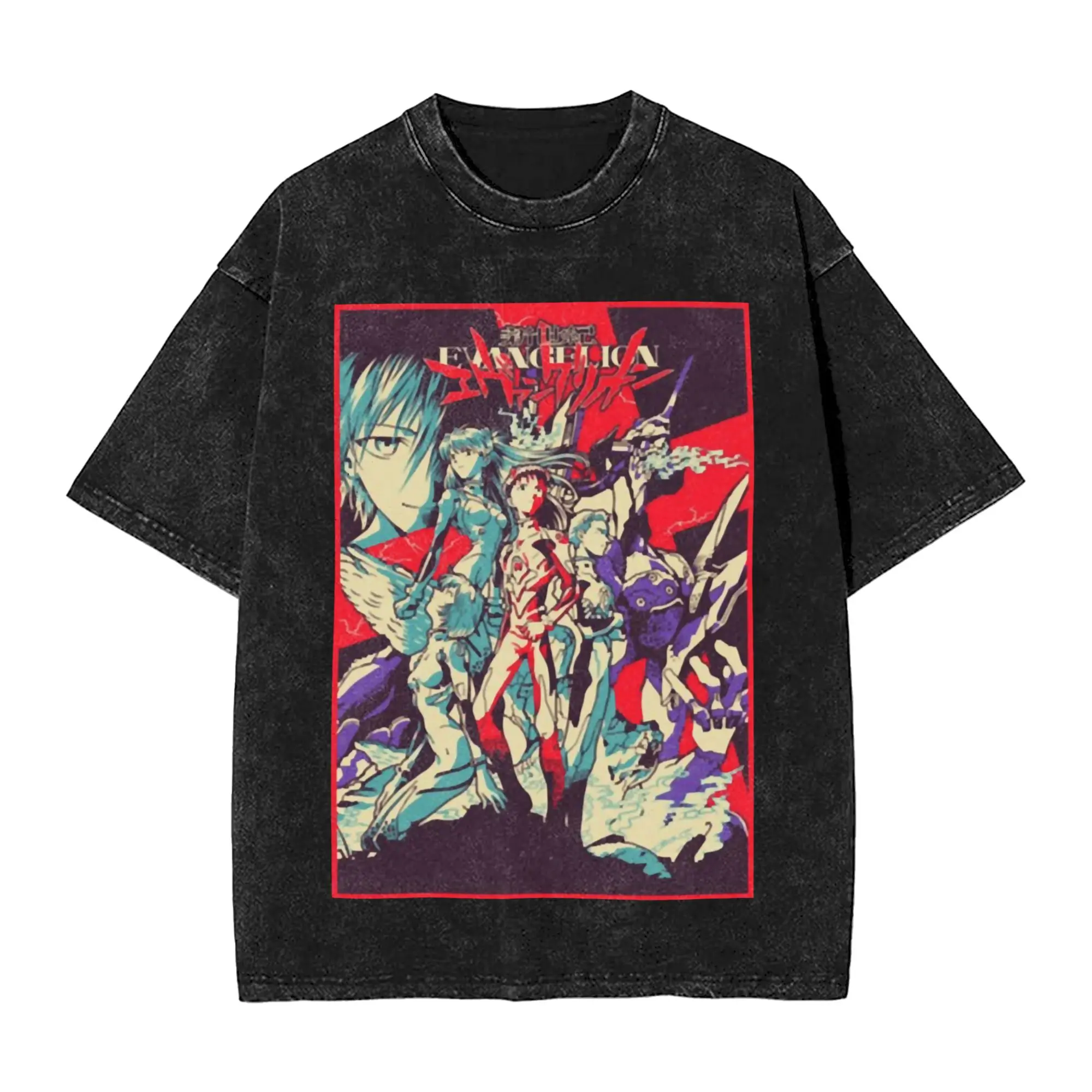 Ästhetisches Rei Ayanami Anime Eva Vintage Washed T-Shirt für Herren, Baumwolle, Kurzarm, Eva Unit 01, Rundhals, Sommer-Oberteil