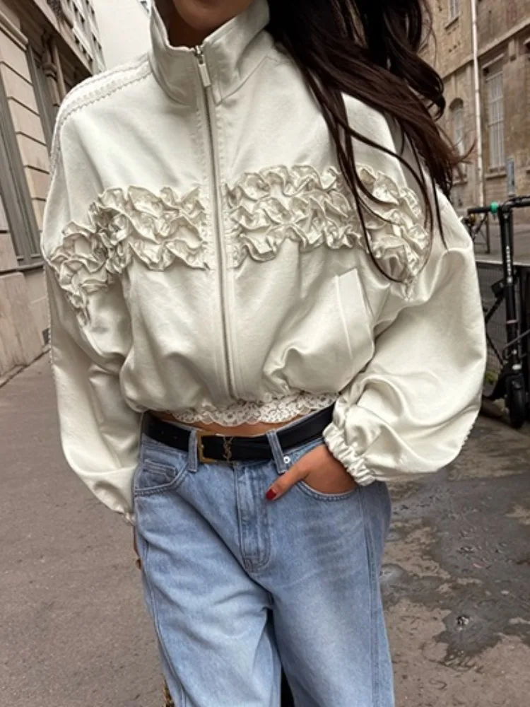 

Chic Autumnal Retro Spliced Pleated Design Loose Dstring ort Coat Women's Faionable Wooden Ear Cut out Detail