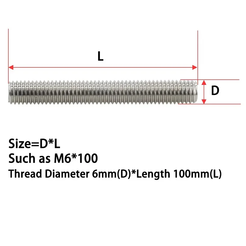 Full Threaded Bar 304 Stainless Steel M14 M16M18 M20 M22 M24 Fully Metric Thread Rod Screw Bolt Stud New Listing Length 40~500mm