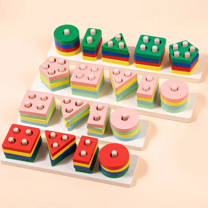 Hot Kids Montessori Wooden Toys Macaron Blocks Learning Toy Baby Music Rattles Graphic Colorful Wooden Blocks Educational Toy