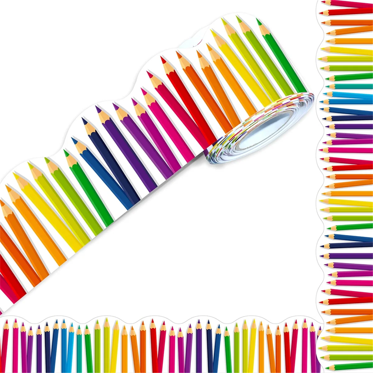 KEKA 1 Roll 59ft Self Adhesive Bulletin Board Borders Scalloped Border Trim with Pencil Patterns for Classroom Office Decor