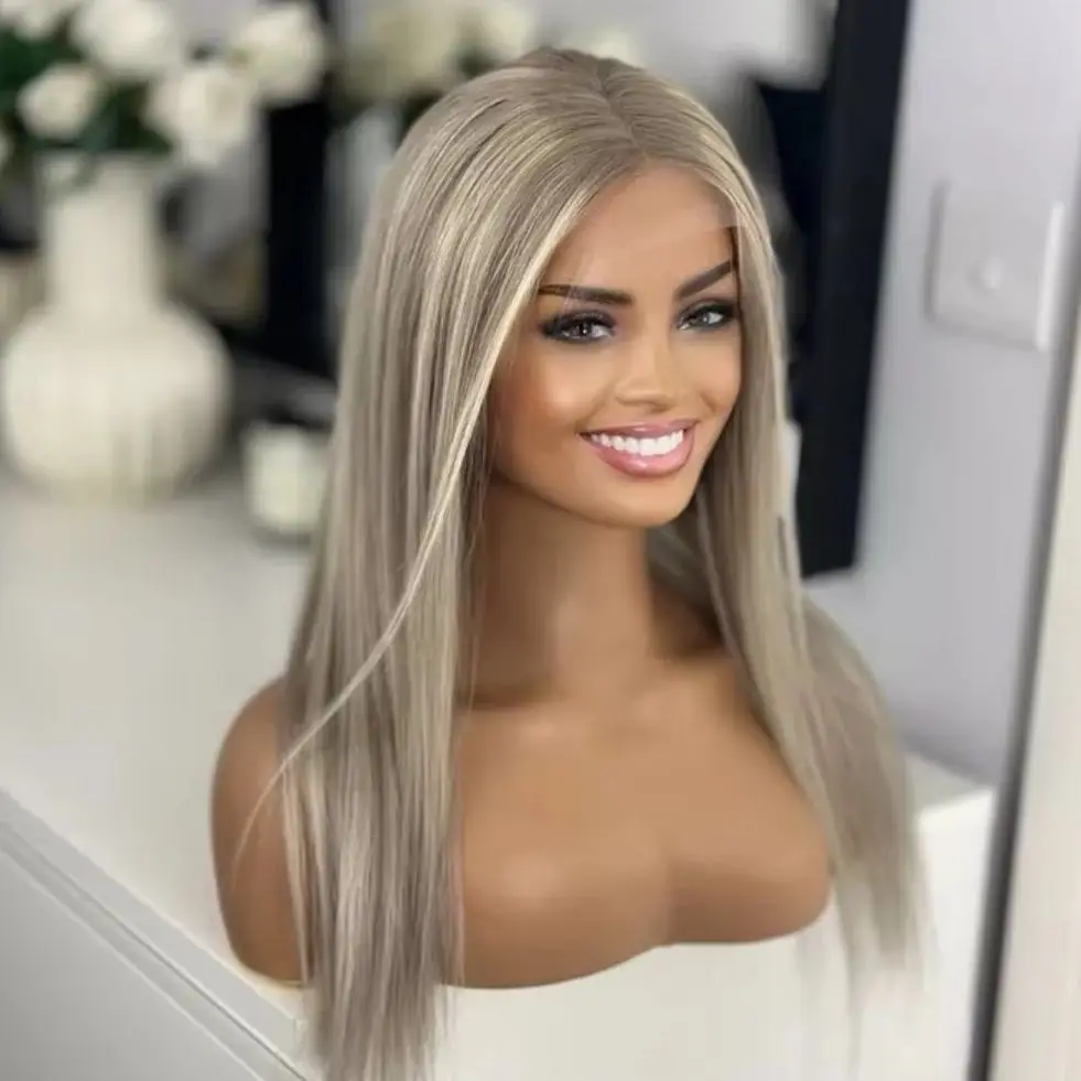 

Platinum Blonde Wigs Long Highlight Straight Synthetic Lace Frontal Wigs Female Trendy High Density Women's Wigs Daily Party Use