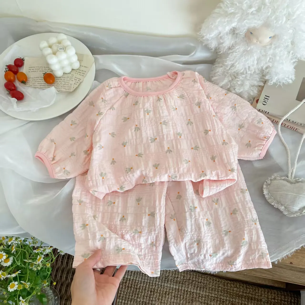Frühling Atmungsaktive Kinder Nachtwäsche Sets 0-7Y Kinder Mädchen Gedruckt Homewear Pyjama Sets Sommer Gaze Stoff Weiche Täglichen Loungewear – Detail 2