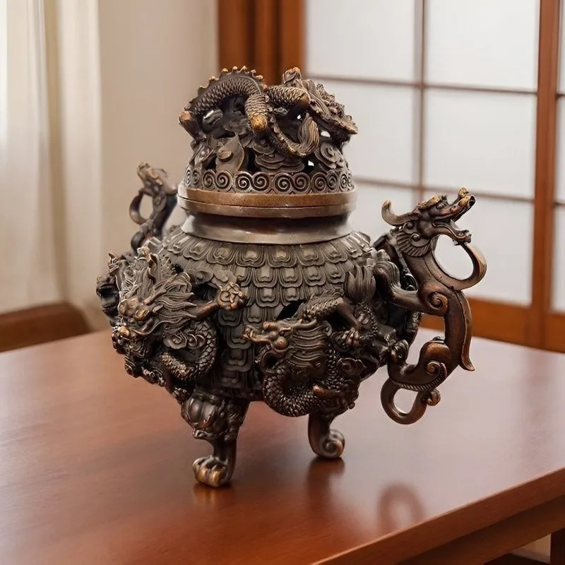 Antique bronze burner, large size, intricate carvings of two dragons playing with a pearl, used for burning incense