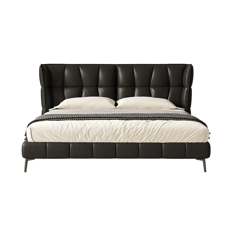 

Internet celebrity Italian minimalist master bedroom black leather bed muscle bed, small apartment modern simple double bed