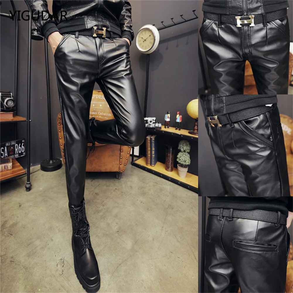 

Men Leather Pants Skinny Fit Elastic Fashion PU Leather Trousers Wet Look Stretch Faux Leather Motorcycle Pants Thin Streetwear