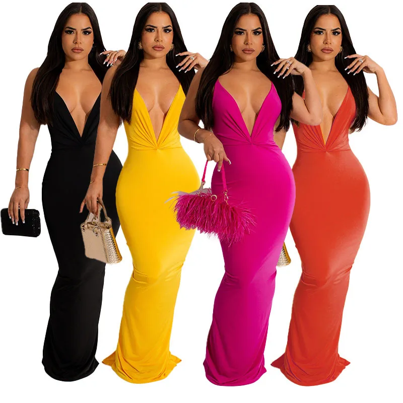 Autumn and Summer Urban Fashion New Women's Shop Hot Explosion Solid Color Sexy Party Banquet Formal Dresses Graduation Prom