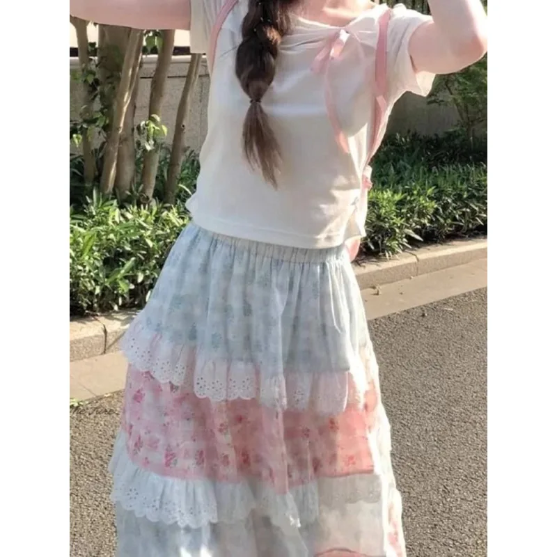 Japanese Sweet Pink Bow Print Long Skirts Women Fashion High Waist Lovely Cake Skirt Female Irregular Y2k Korean Popular Clothes