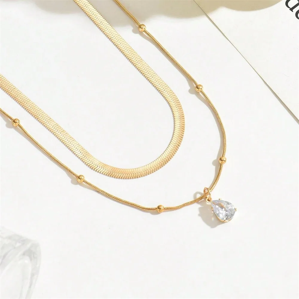 Fashion Boho Geometric Gold Color Alloy Snake Chain Water Droplet Crystal Pendant Necklace For Women Female Vintage Jewelry Gift