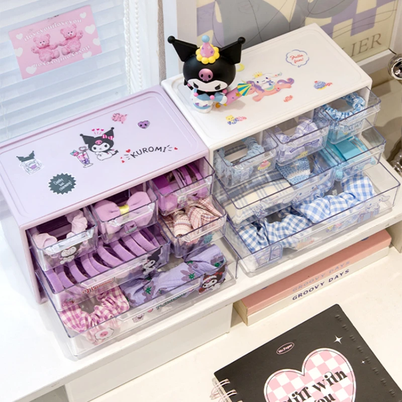 Kawaii Sanrio Girls Cinnamoroll Desktop Storage Box Kuromi Melody 6 Grids Drawer-type Stationery Desk Accessories Organizer Box