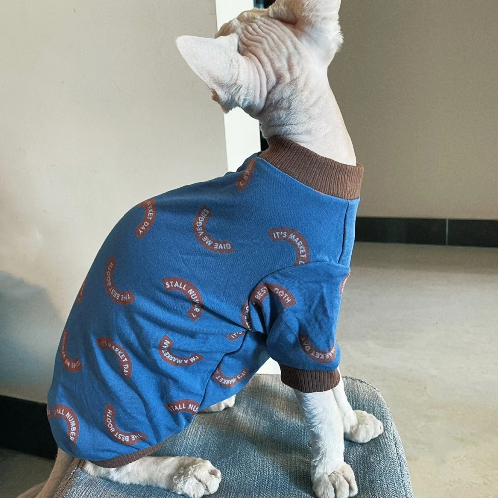 Cat Clothing Summer Cotton Blue Cartoon T-shirt for Male Cat Long Sleeves Thin Coat for Kittens Fashion Jumpsuit for Devon Rex