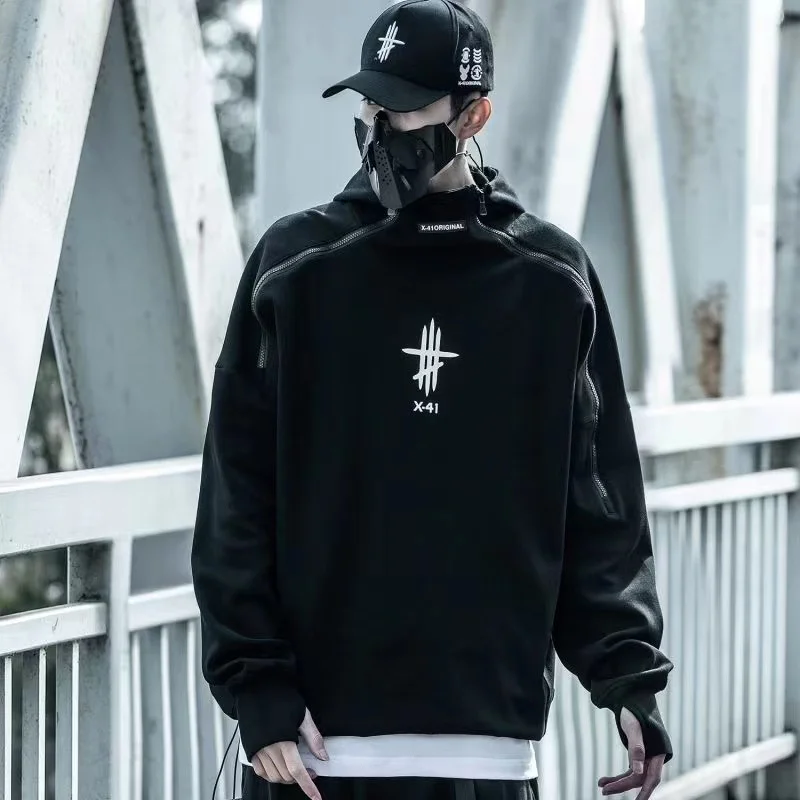 ARENS-Sudadera con capucha de algodón para hombre, ropa de calle Harajuku de gran tamaño con cremallera Irregular, color negro, estilo Hip Hop, primavera 2022