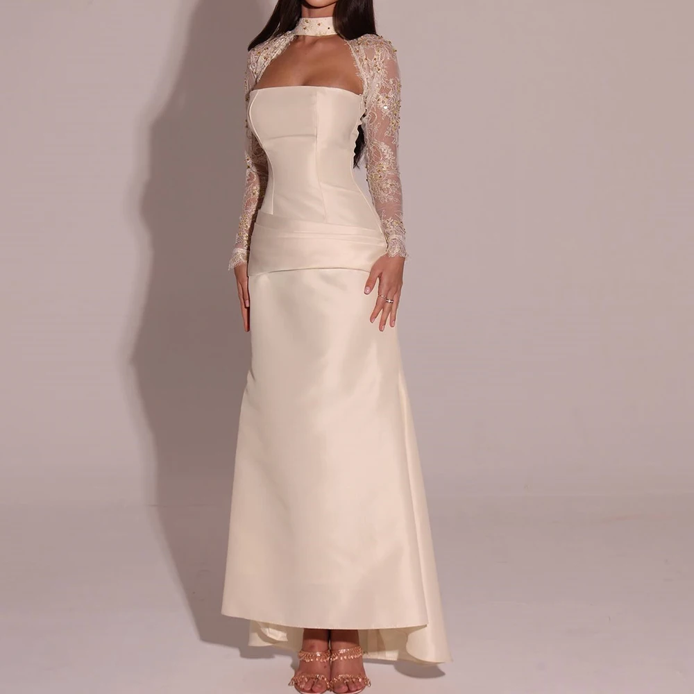 

Customized A-line Evening Dresses Ankle-length High-neck Full Sleeve Prom Gown Fashion Lace Sequined Simple Draped Party Gown