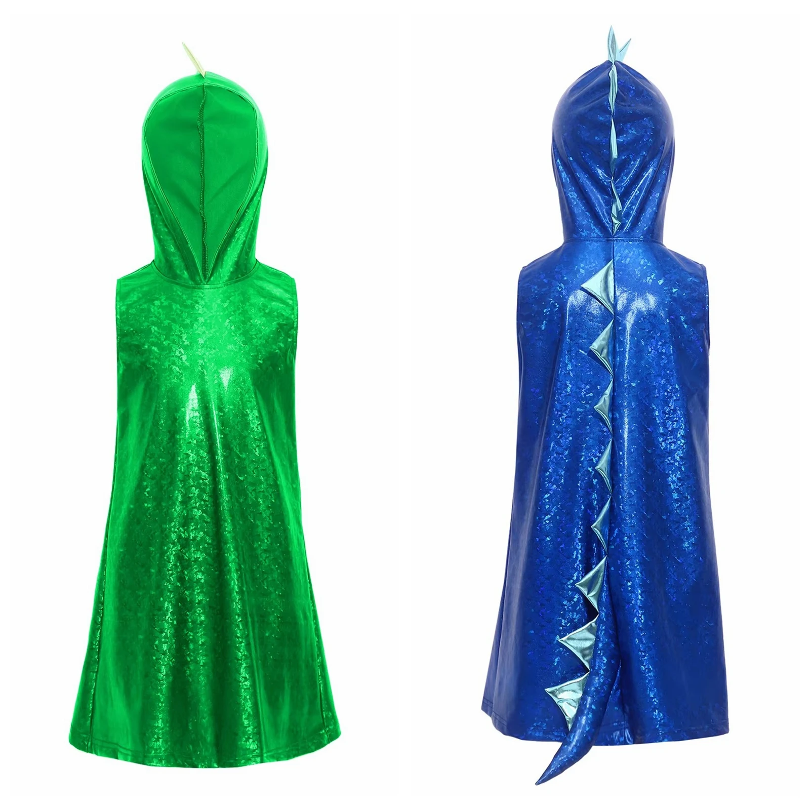 Girls Dinosaur Dress Metallic Gloss Animal Fancy Costumes Sleeveless Hooded 3D Tail Dress for Stage Performance Theme Party