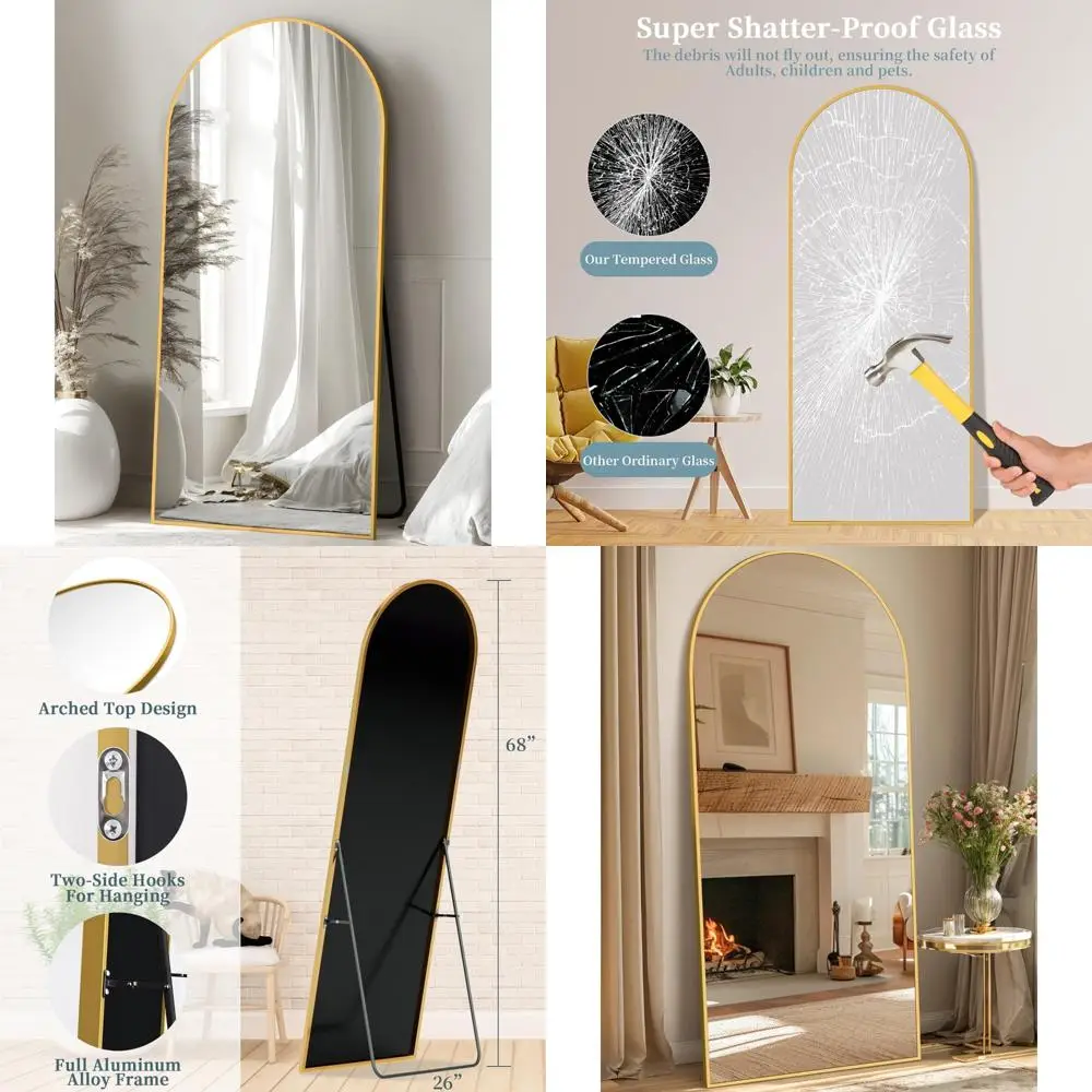 Grande espelho de chão arqueado, 68 x 26 espelhos emoldurados de alumínio de corpo inteiro, espelhos decorativos independentes para casa