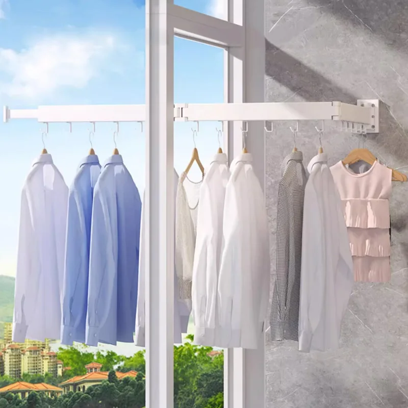 High Quality Aluminium Push-Pull Folding Pole Wall-Mounted Rotatable Laundry Hanging Hook Hanger for Balcony Bathroom Wardrobe