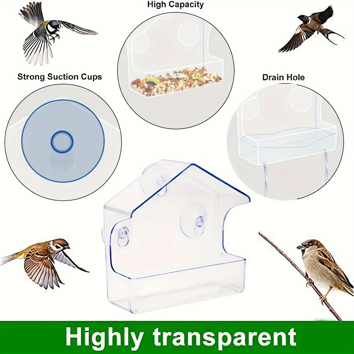 وحدة تغذية الطيور من الأكريليك الشفاف مع أكواب شفط قوية. متين وسهل التنظيف، مثالي للحديقة والفناء. مشاهدة الطيور من نافذة!