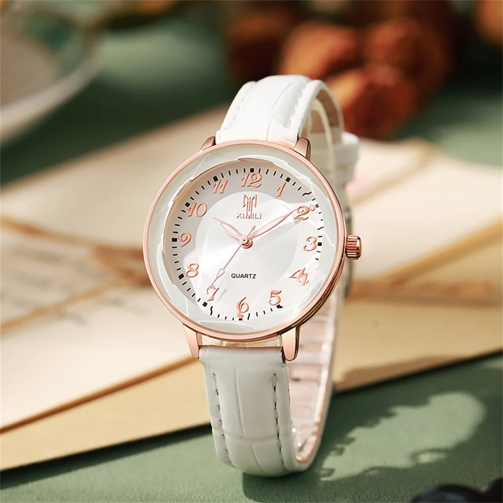 Women\'s Watch Simple Arabic Numerals Quartz Watch Fashionable Pink Leather Lady Business Clock Wristwatch