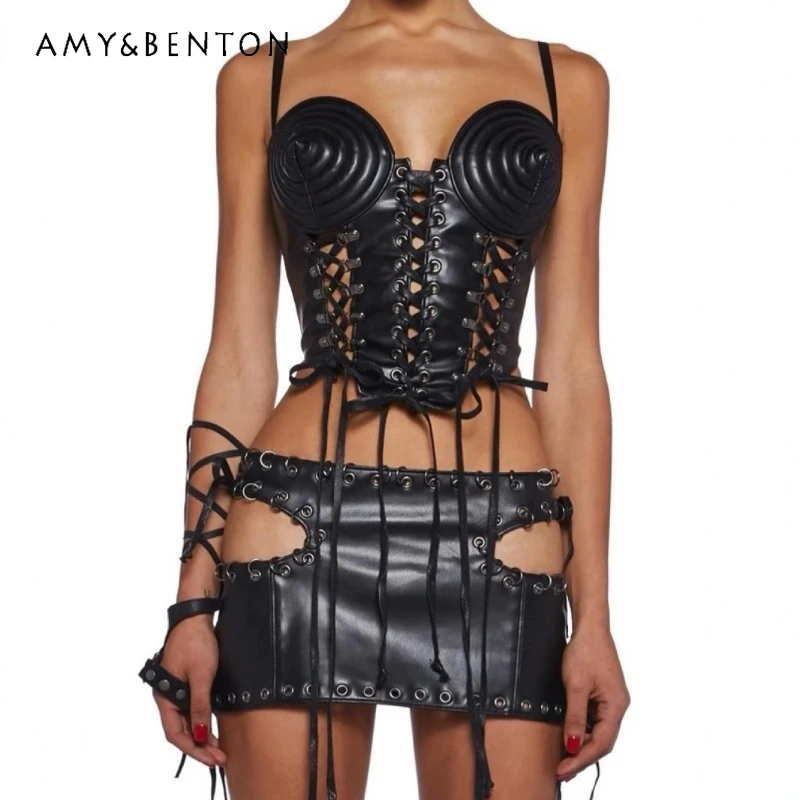 Autumn New European American Lace-Up Sleeveless Women's Sling Gothic Design Sweet Cool Sexy Hollow Out Short Skirt Set Ladies