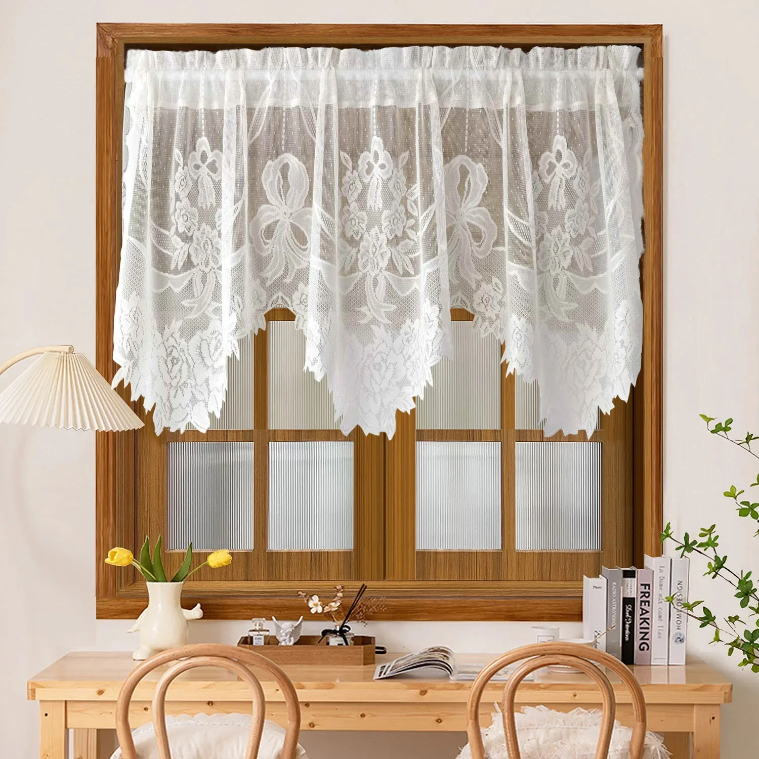 

1PC Beige Lace Floral Short Curtain for Kitchen Small Window Sheer Drape Porch Cabinet Study Special Rod Pocket #E