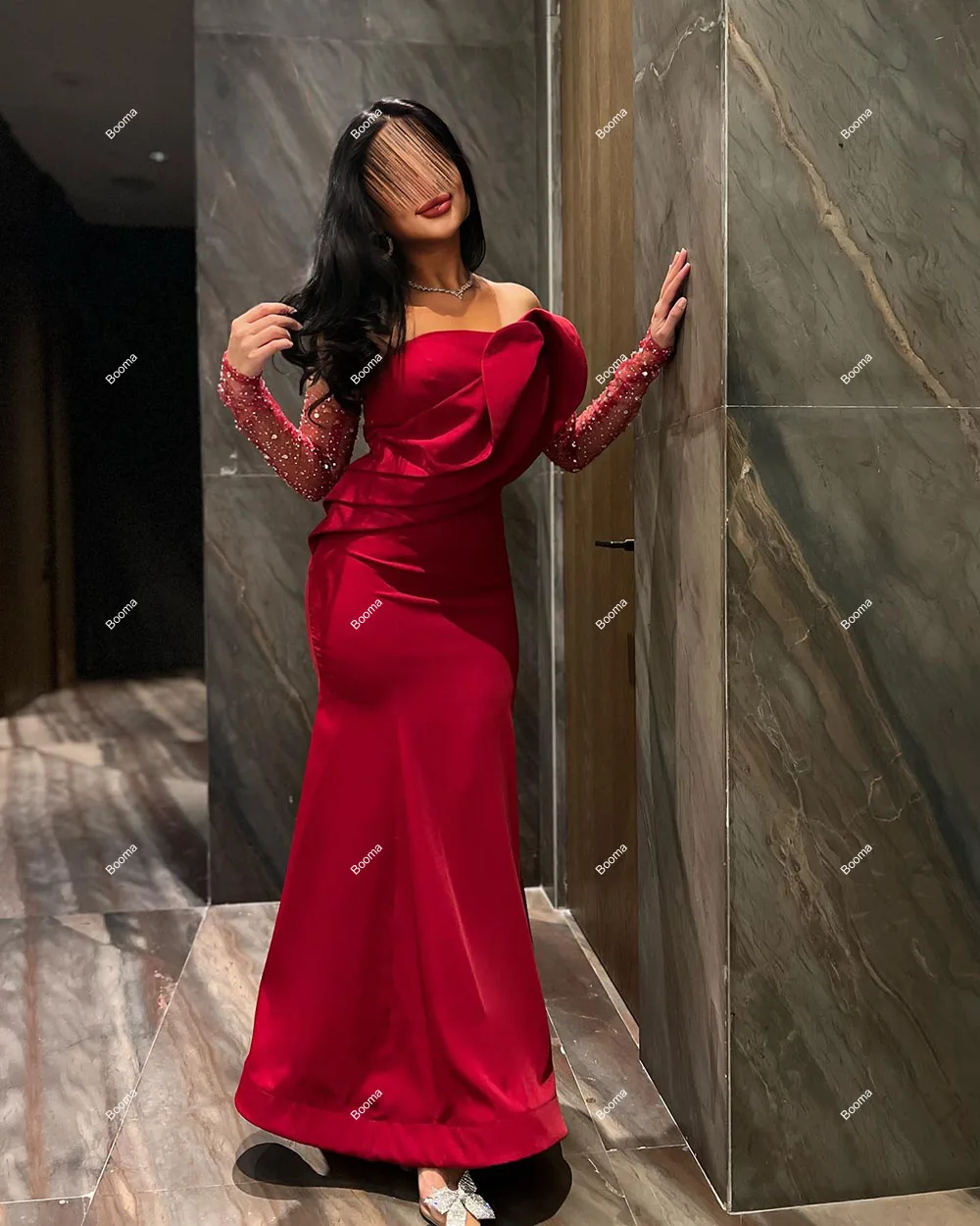 Booma Red Mermaid Evening Dresses Pleated Strapless Formal Occasion Gowns Saudi Arabic Long Party Prom Dresses for Women