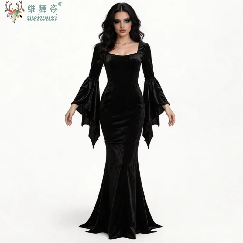 

Halloween Cosplay Gothic Vampire Witch Dress Women Winter New Flared Sleeve Dress Horror Theme Party Adams Velvet Fishtail Dress