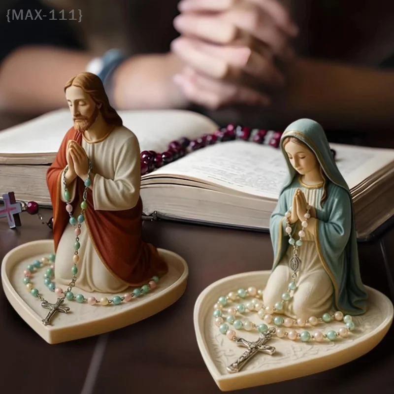 حامل مسبحة مريم العذراء وصندوق صلاة سيدةنا، صينية تمثال قلب مريم وسوع، هدية دينية كاثوليكية أنيقة
