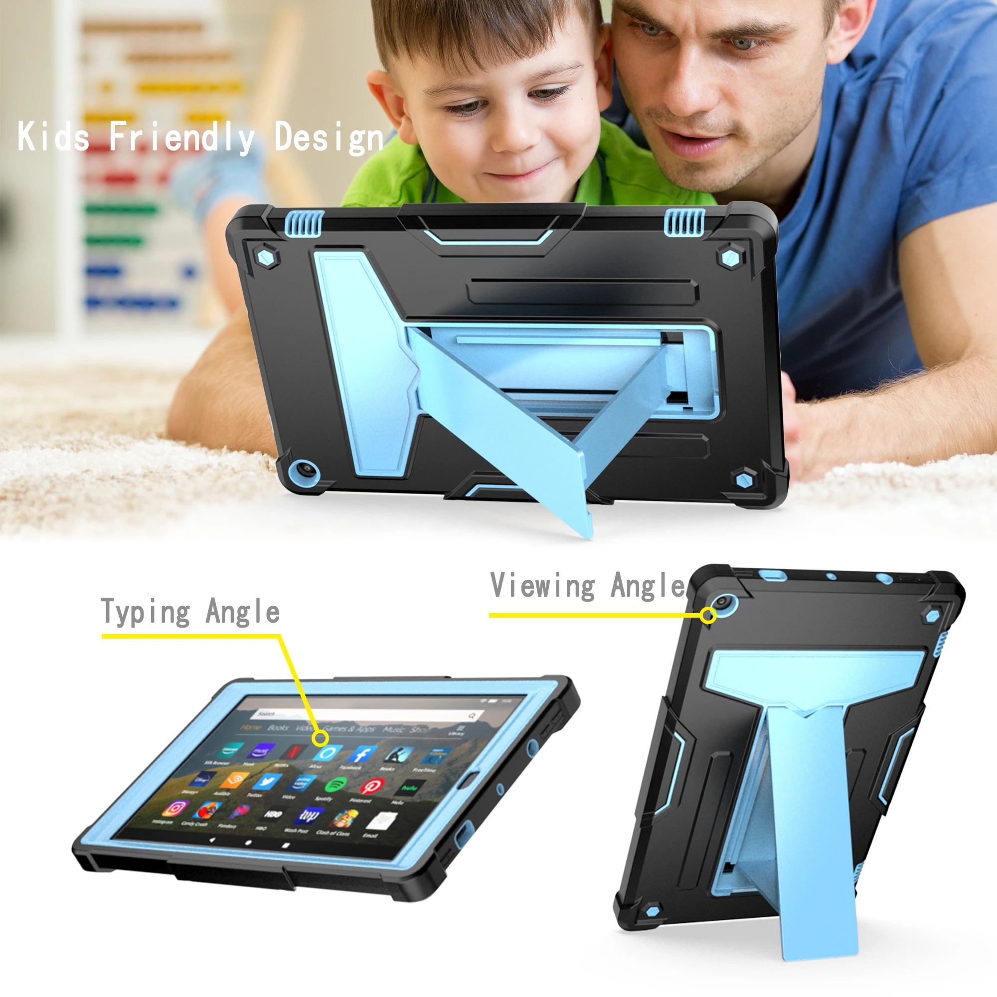 Tablet case for Amazon Fire HD 10 (2017/2019), multi-angle T-shaped stand, contrasting design, drop and shock resistance