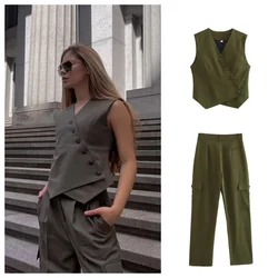 PB&ZA 2024 Spring New Button Decor Asymmetric Vest Double Pocket Workwear Pants Commuter Two Piece Set