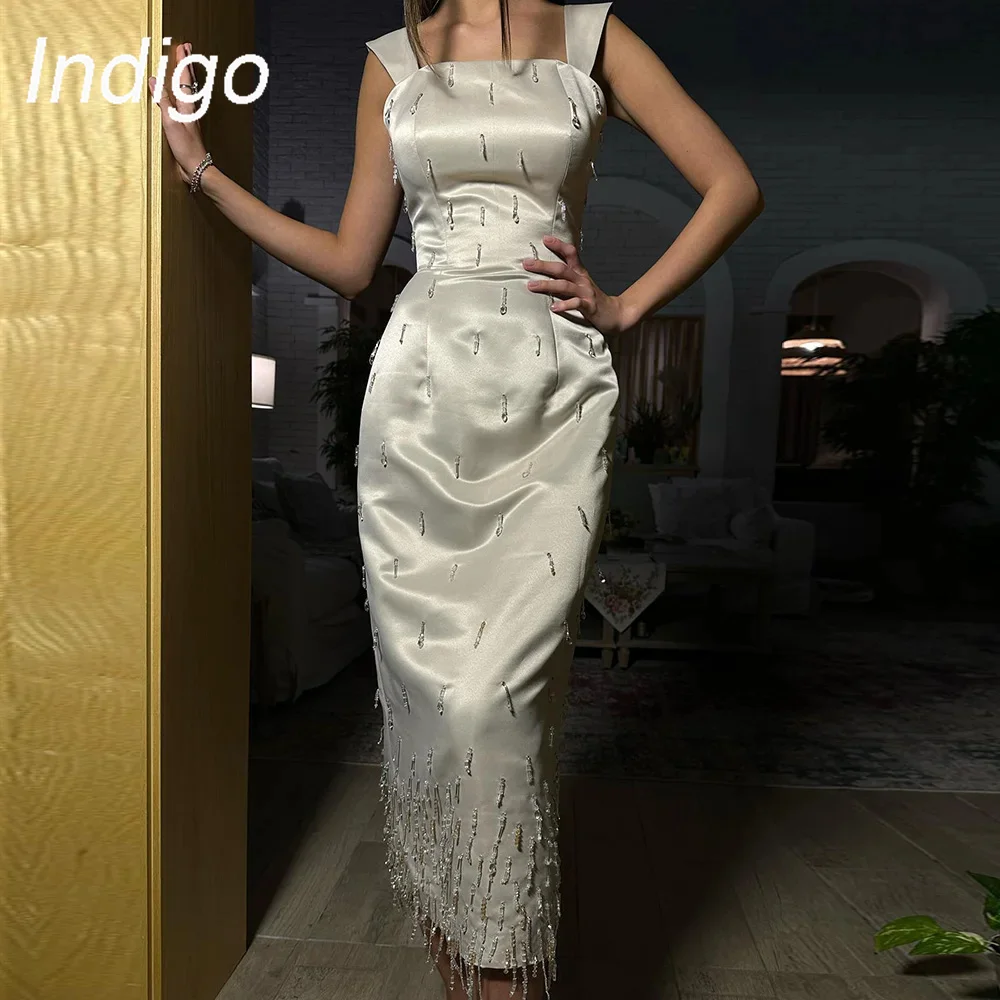 Indigo-Mulheres Sem Mangas Vestido Completo Beading, Chá de comprimento, Formal Vestido de festa, Vestidos de baile,