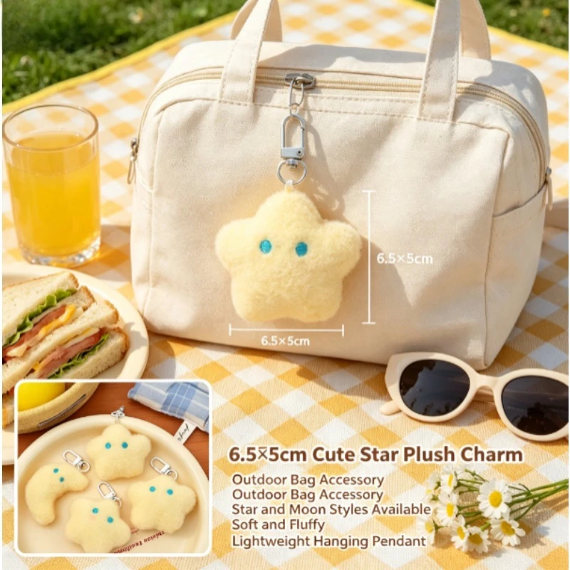 Cute Fluffy Cream Yellow Star & Moon Plush Pendant, Kawaii Girly Backpack Keychain, Versatile Jewelry Gift for Best Friends