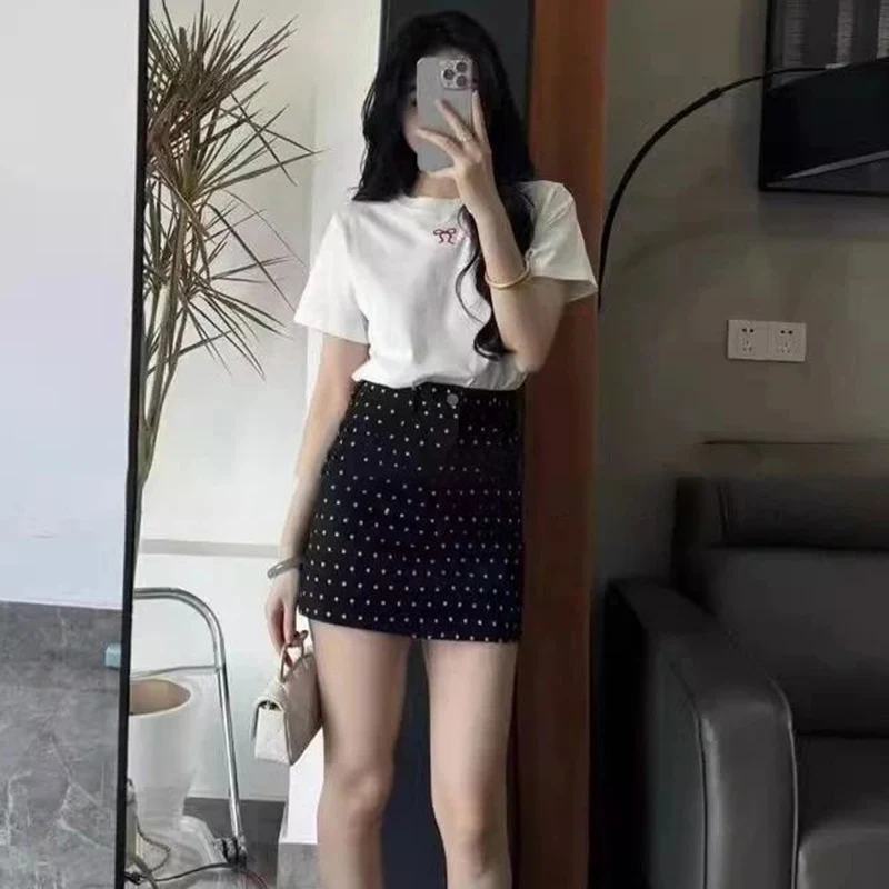 2026 Summer White Print High Waist Denim Skirt for Women Slim Fit and Slimming Wrap Hip Denim Skirts Elegant Denim Mini Skirts view 4