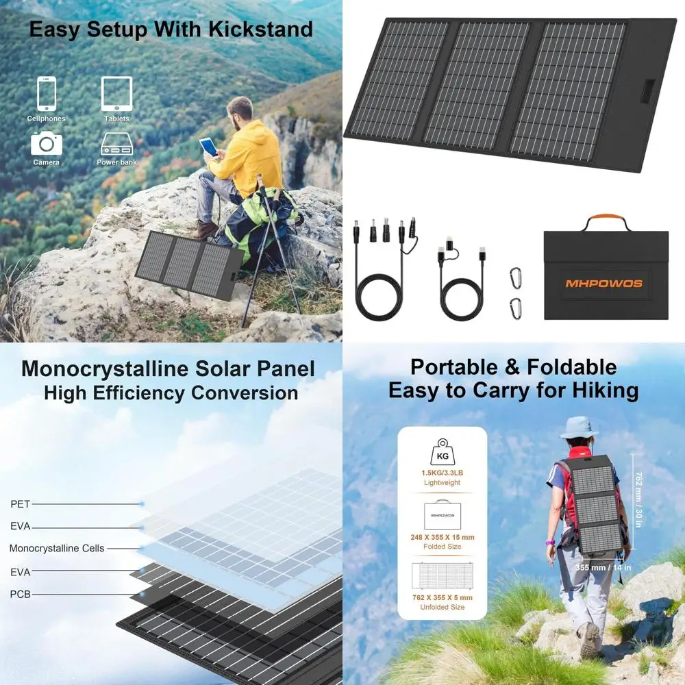 

Портативная солнечная панель 45 Вт с выходами USB-C, USB-A и DC, перезаряжаемая, 18 В, водонепроницаемая (IP67), с регулируемой подставкой для использования на улице