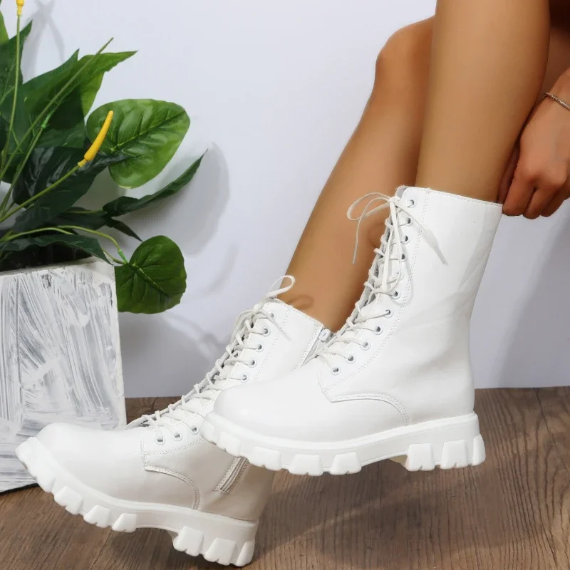 Buty damskie 2022, jesienno-zimowa PU skórzane białe botki motocyklowe Botines kobiece buty na platformie na grubym obcasie Botas Mujer