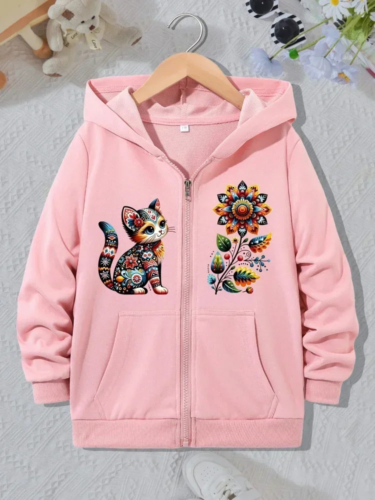 Kids Full Zip Hoodie Vibrant Ethnic Pattern Kitten Flower Graphic Long Sleeve Loose Hooded Outerwear For Little Girls Daily Wear