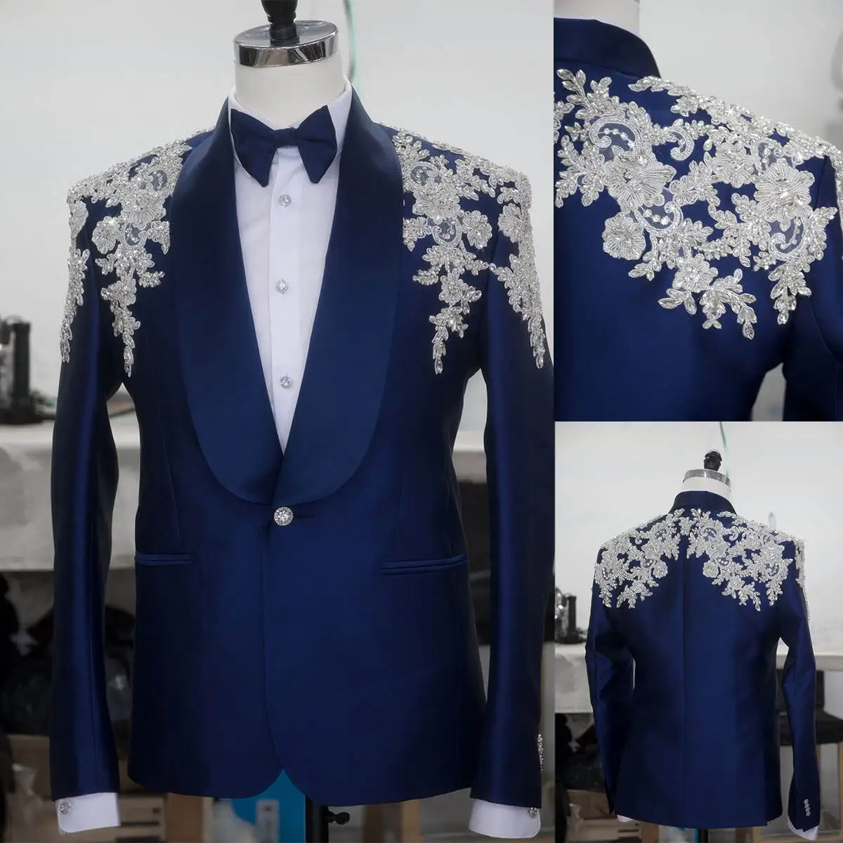 

Luxury Men Wedding Jacket Shawl Lapel One Button Appliques Tuxedos Blazer Business Party Prom Custom Made Only Overcoat