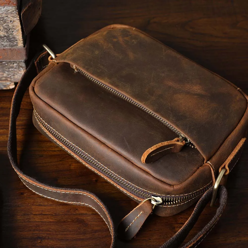 S.WORKER Vintage-Umhängetasche aus Vollnarbenleder, Herren-Schultertasche, Mini-Handy- und Schlüsseltasche – Detail 12