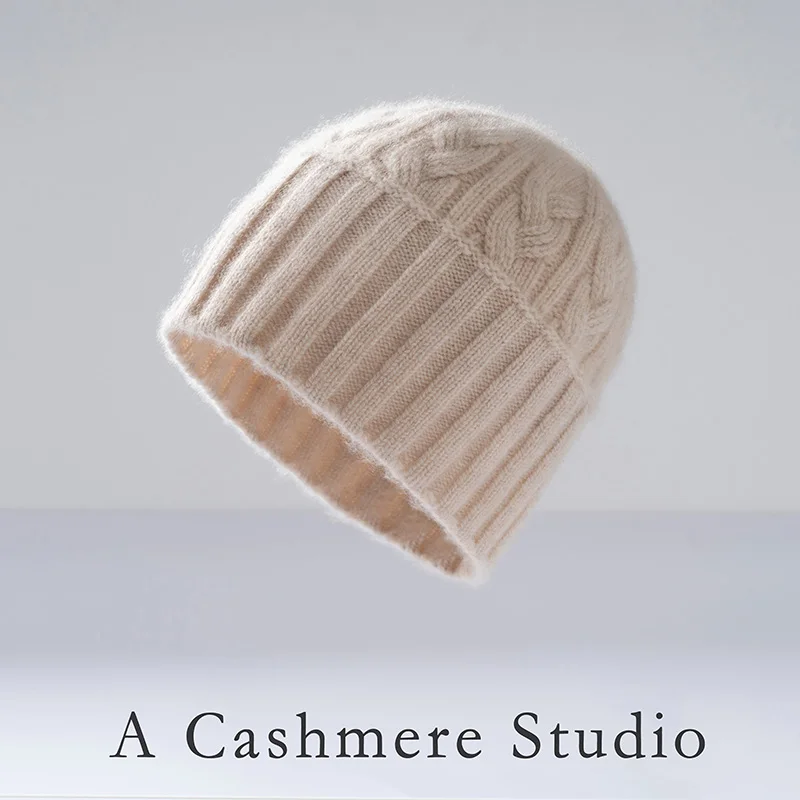 new-real-cashmere-winter-bonnet-knitted-beanie-cable-thickened-striped-leisure-hat-women's-winter-solid-color-cashmere-bonnet