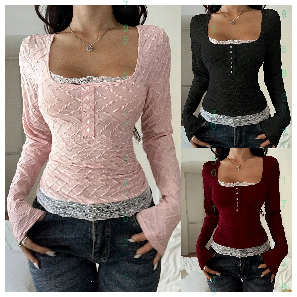 

Summer Lace Long Sleeve Tee Tops for Women Sheer See Through Slim Fit Blouse Shirt T Shirts