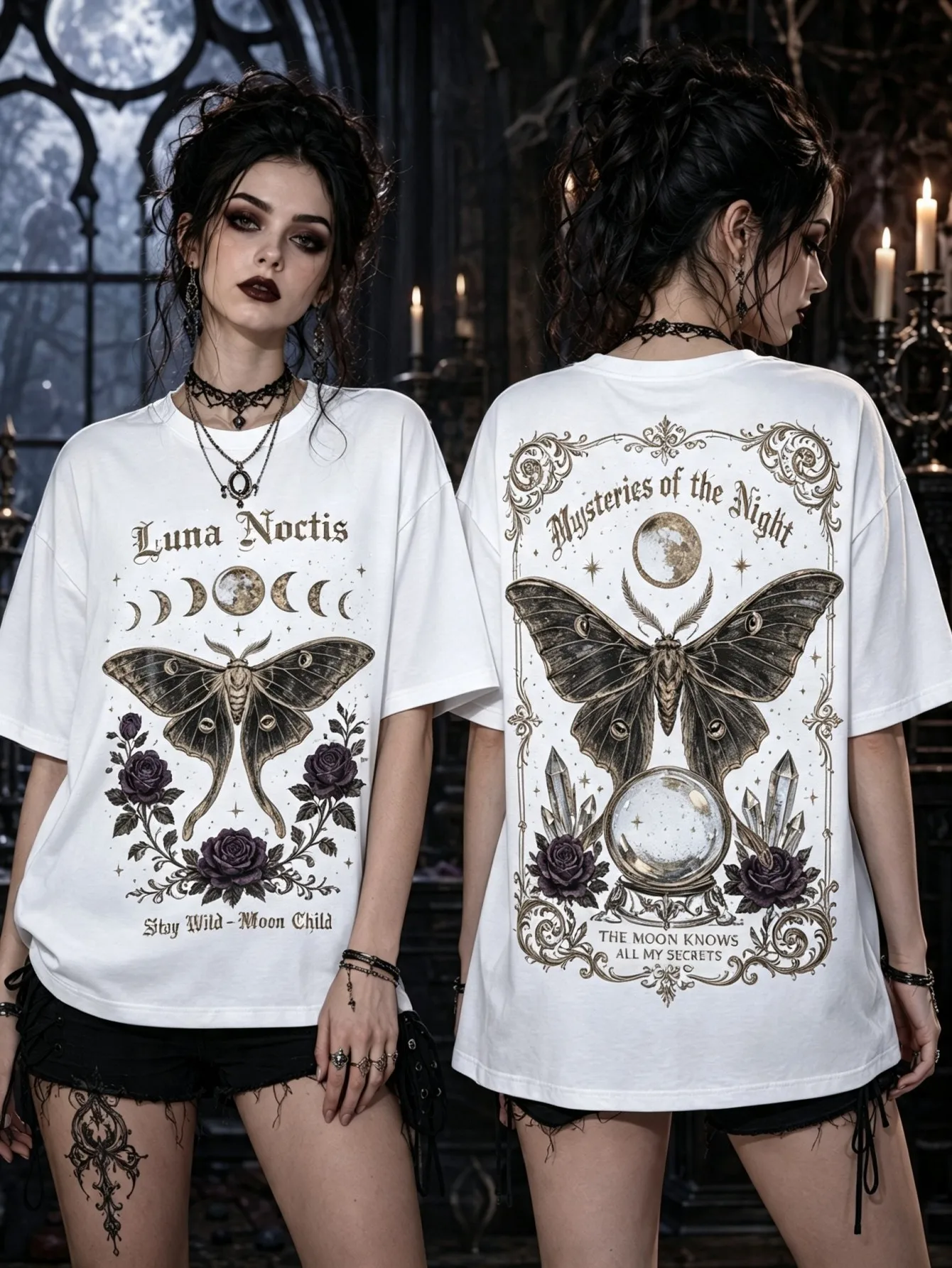 Gothic Dark Moon Phase Moth Rose Crystal Ball Print Women's Short Sleeved T-shirt Retro Mysterious Loose Round Neck