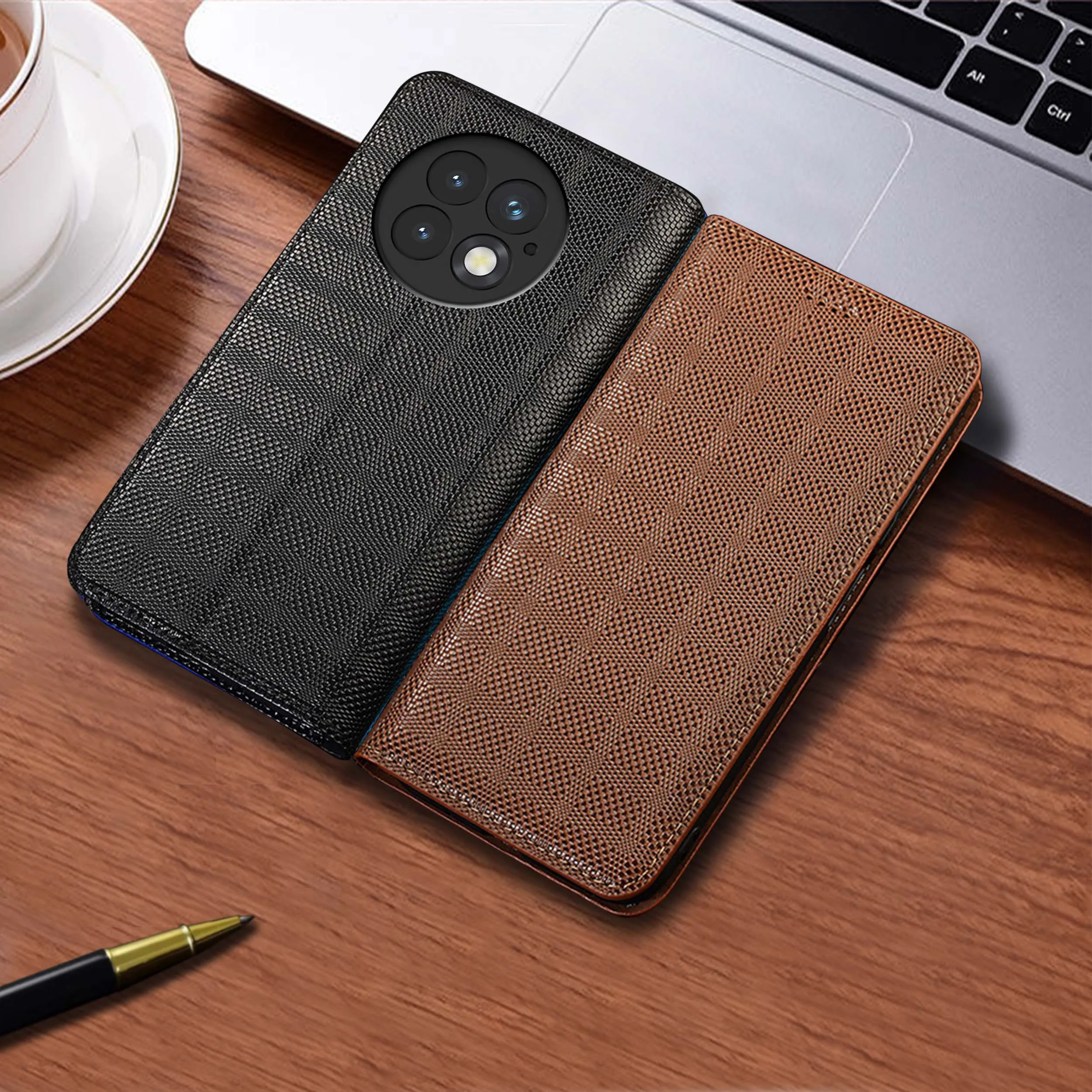 

For Oneplus Ace 2 2V 3 3V 5 Racing Pro Ultra Crosshatch Pattern Of Genuine Leather Flip Phone Case Cowhide Scratch-Resistant