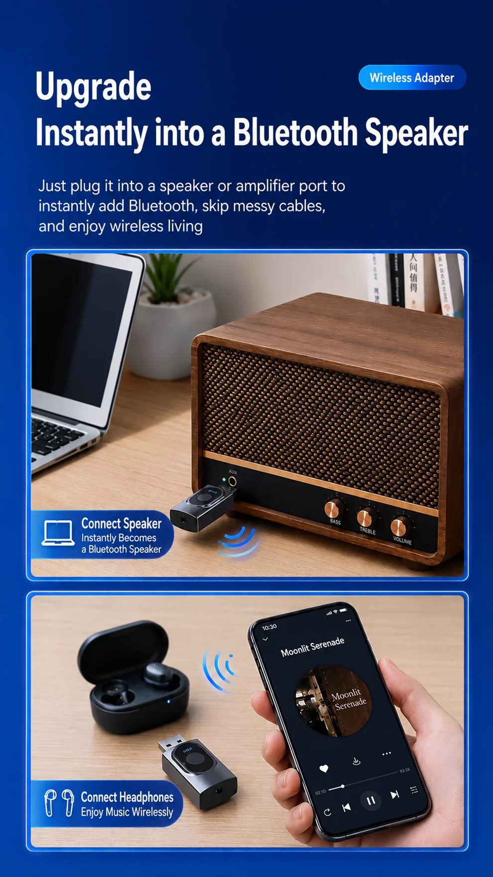 KEBIDUMEI 2 IN 1 Bluetooth 6.0 Audio Transmitter Receiver 3.5mm AUX USB Dongle With MIC Music Wireless Adapter For Car/TV/PC