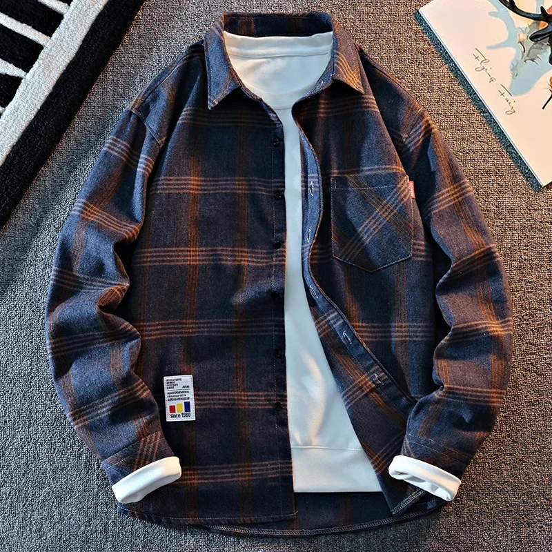 Mens Long Sleeve Grid Check Flannel Shirts Classic Point Collar Single Chest Pocket Small Tag Relax Fit Fashion Tops For Men