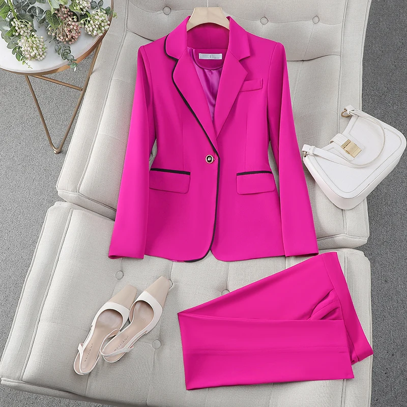 Autumn Winter Long Sleeve Women Pant Suit Ladies Formal Purple Black Business Work Wear 2 Piece Set Blazer And Trouser