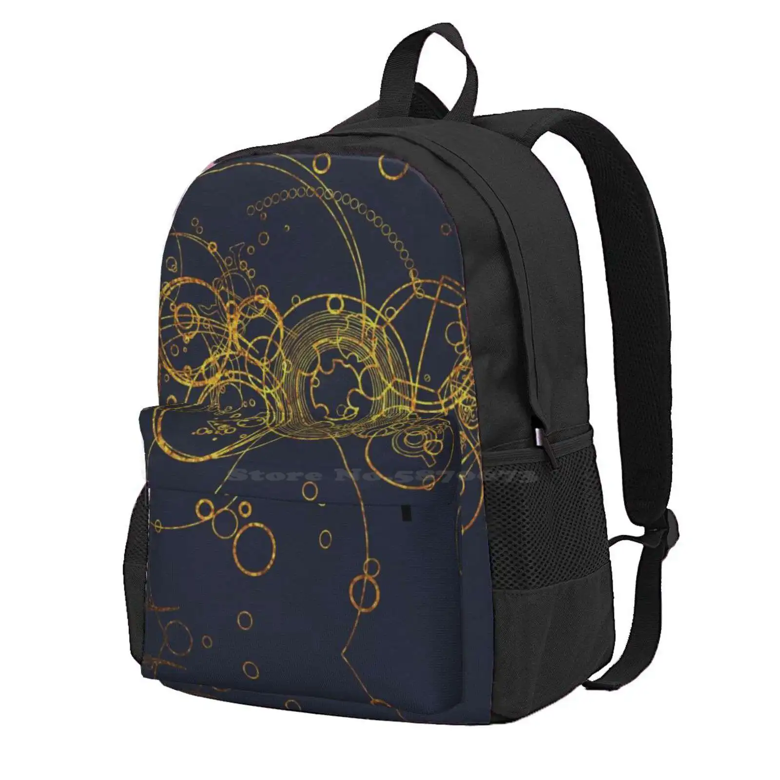 

Clockwork Writing (Plain Background) Hot Sale Schoolbag Backpack Fashion Bags Gold Blue Space Fantasy Science Sci Fi Glitter