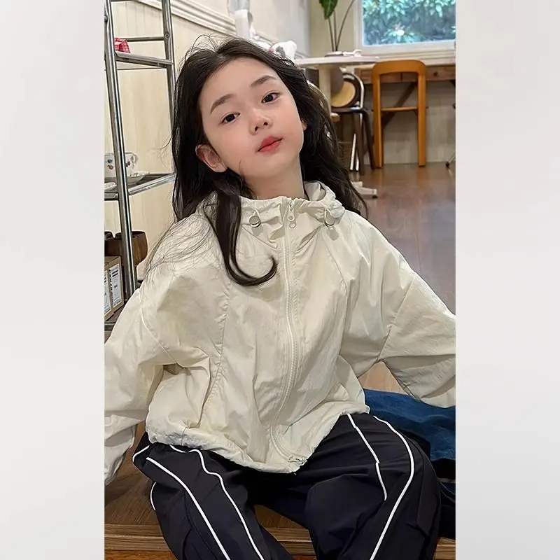 

2-14Y Girls Autumn Trench Coats 2025 New Korean Fashion Casual Daily Lightweight Hooded Coat Spring Summer Sunscreen Top